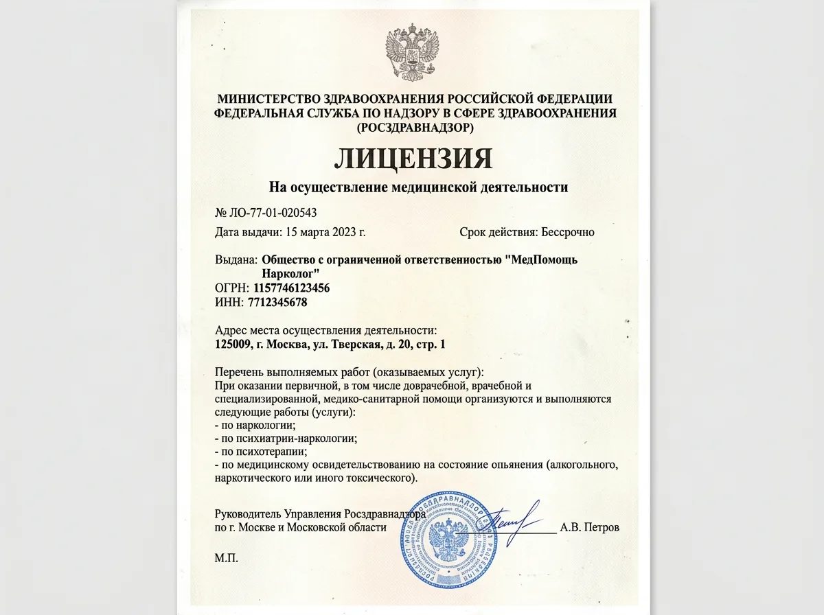Скан лицензии на осуществление медицинской деятельности клиники МедПомощь Нарколог, выданной Росздравнадзором, официальный документ на белом фоне